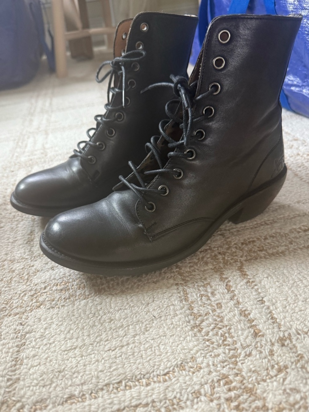 John Fluevog Black Leather Lace Up Boots with Wooden Heel - Size 8